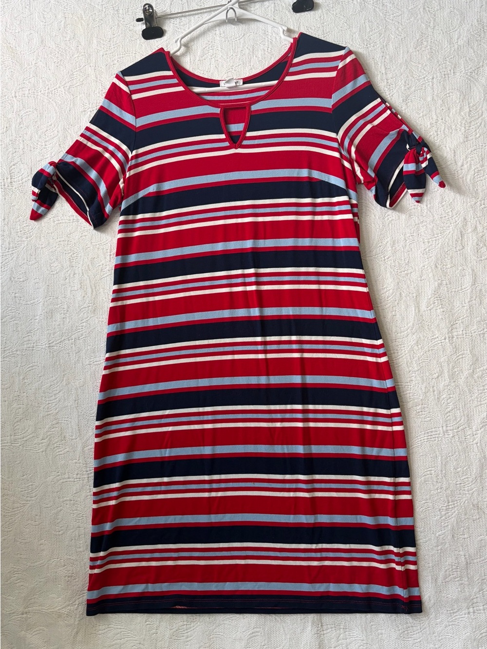 Westport Red, Navy & Light Blue Striped Dress with Keyhole Neck